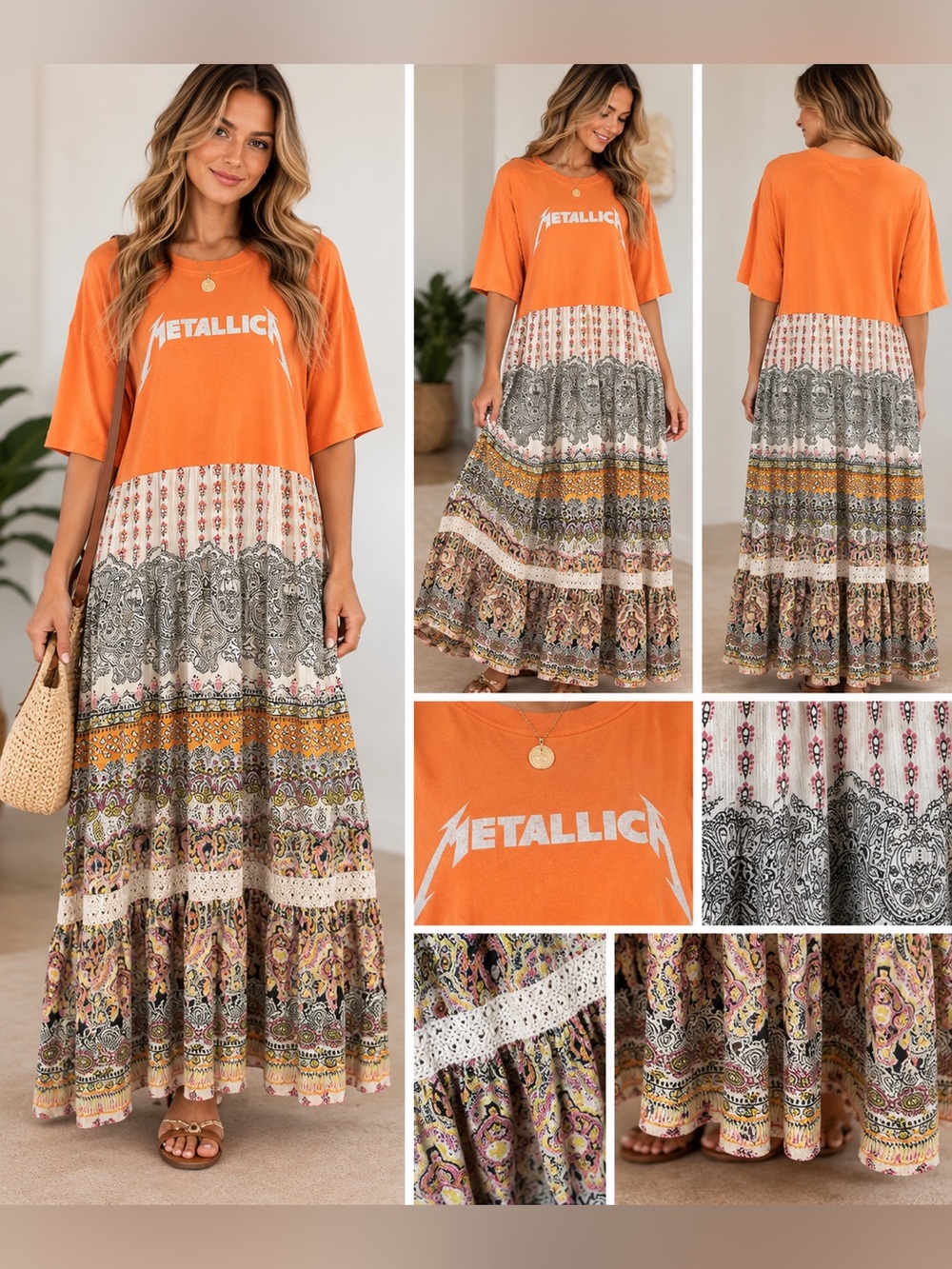 Orange Graphic Metallica Maxi Dress with Boho Printed Tiered Skirt
